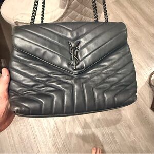 Saint Laurent Quilted Chevron Leather Shoulder Bag in Navy